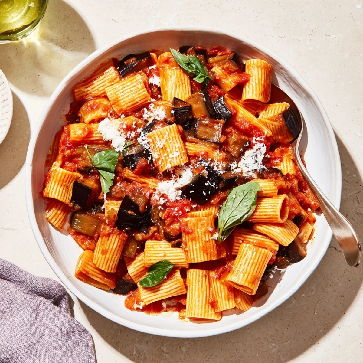 Finished Pasta Alla Norma topped with ricotta salata and fresh basil on a rustic table.