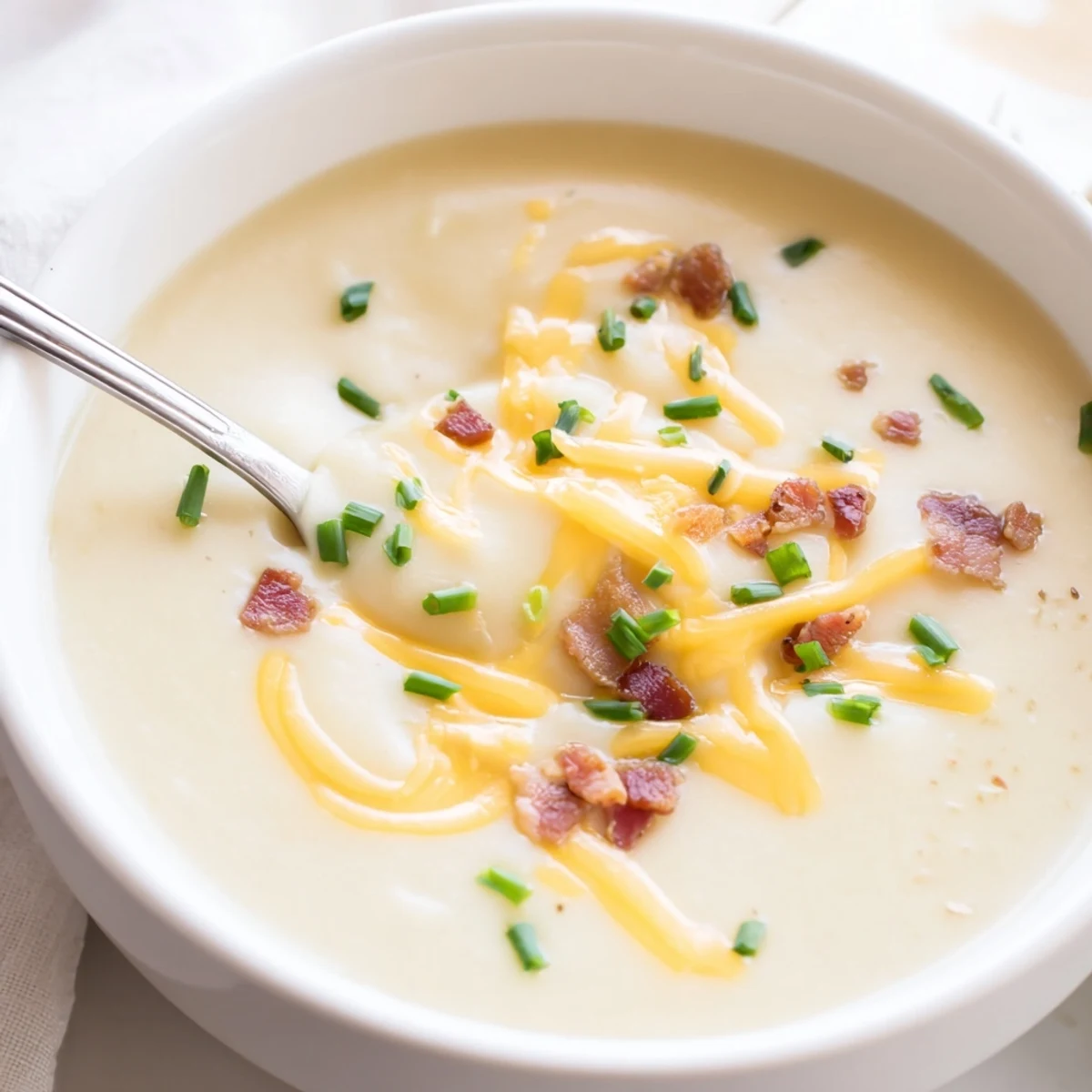 Creamy, velvety Cream of Potato Soup served hot in a rustic bowl, topped with chives.