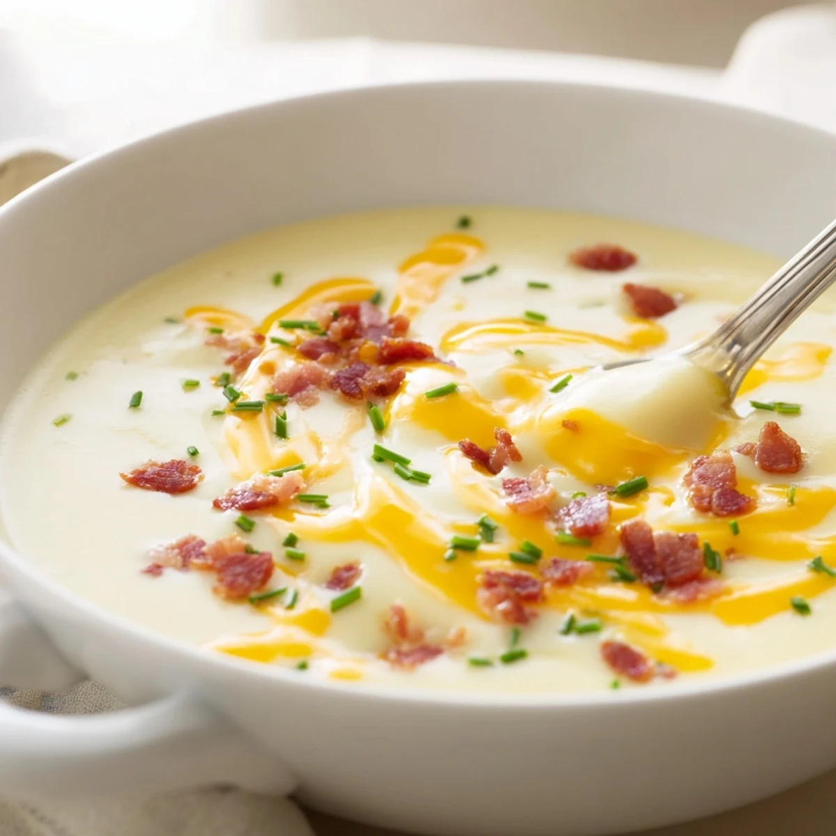 Homemade Cream of Potato Soup with a smooth texture, paired with crusty bread on the side.