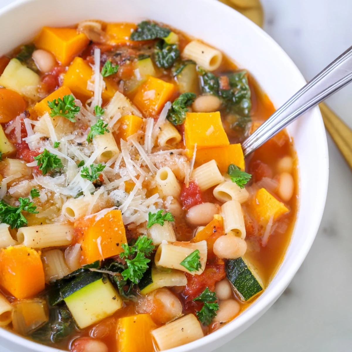 Steaming bowl of Winter Minestrone Soup With Butternut Squash and Kale garnished with fresh parsley and Parmesan.  