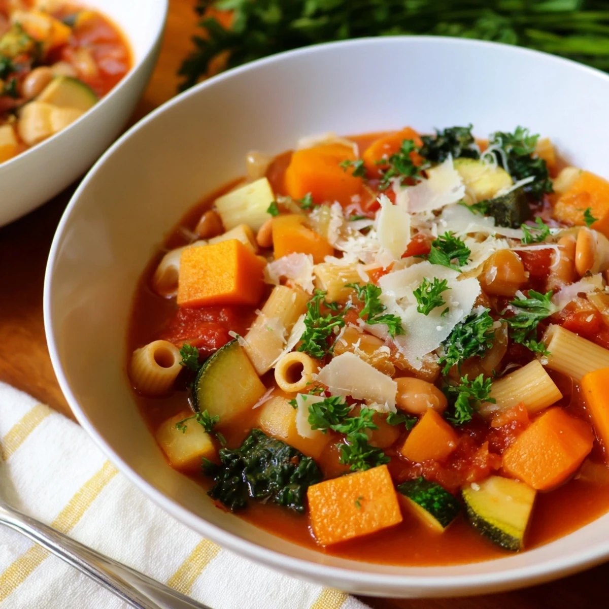 A hearty Italian vegetable soup with sweet squash, tender kale, and ditalini pasta in a rich tomato broth.  