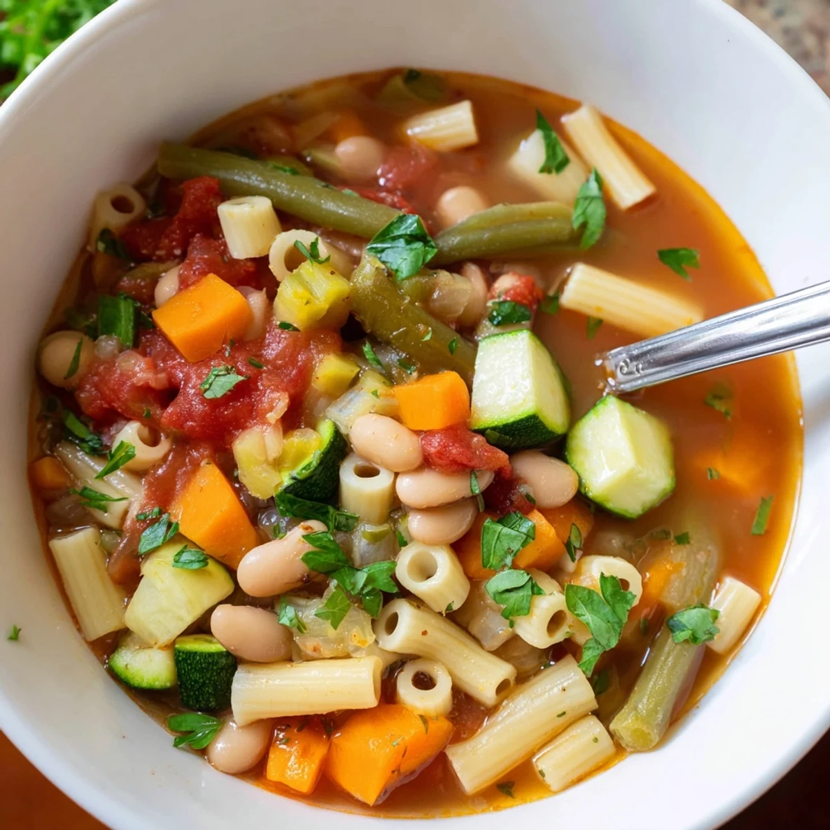 A steaming bowl of Minestrone Soup with tender pasta, cannellini beans, and vibrant vegetables, perfect for a comforting Italian meal.