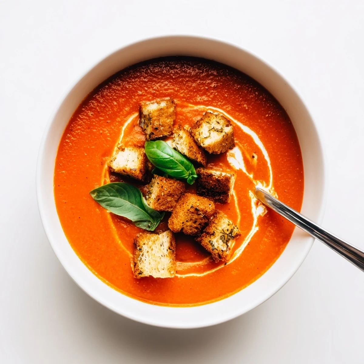Creamy roasted tomato soup with a rich swirl of cream and golden homemade croutons for a cozy lunch.
