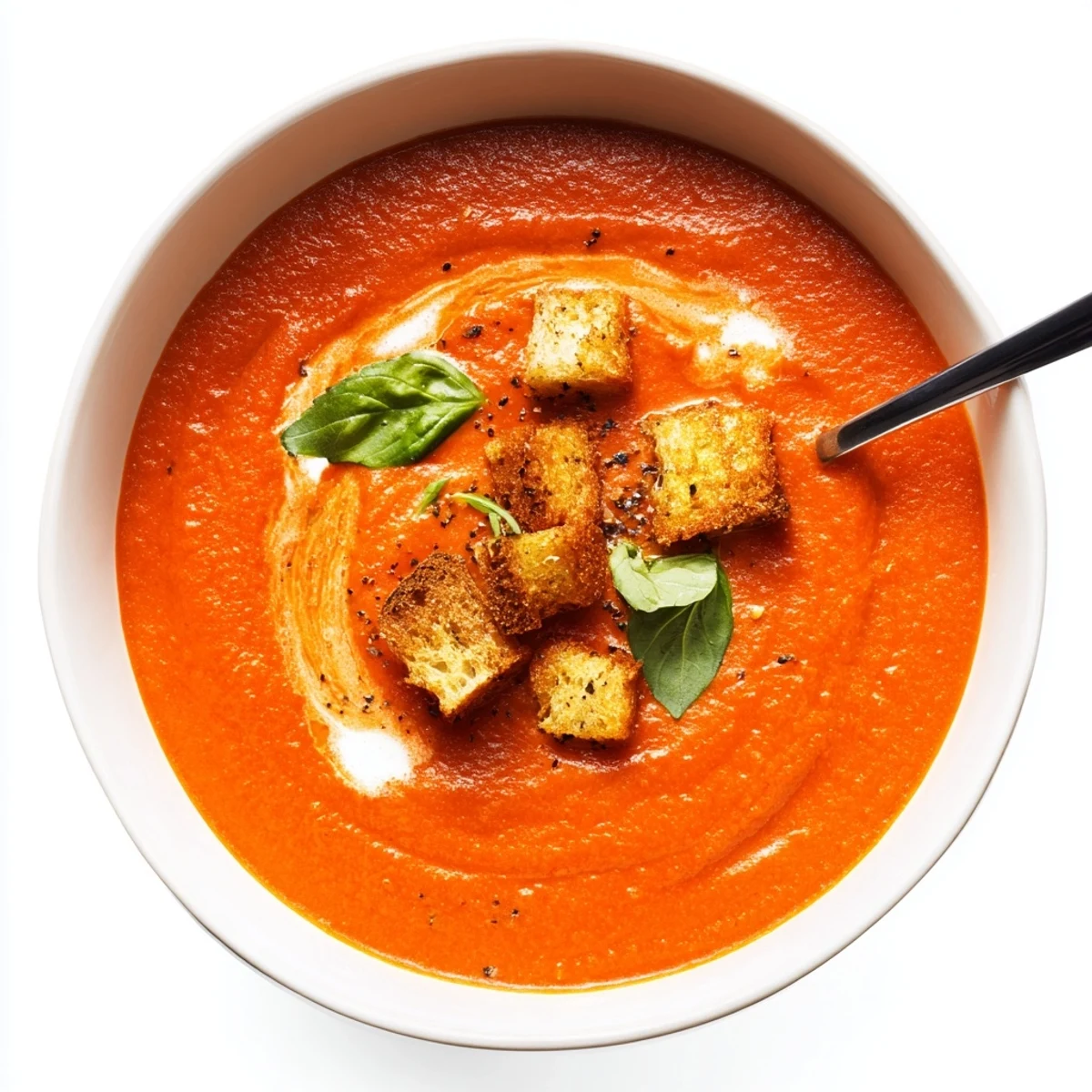Deep red roasted tomato soup with a creamy finish, perfect with a grilled cheese sandwich for dinner.