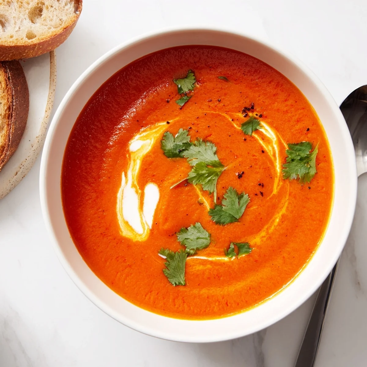Roasted Red Pepper Soup steaming in a rustic bowl, garnished with a swirl of crème fraîche and fresh cilantro.  