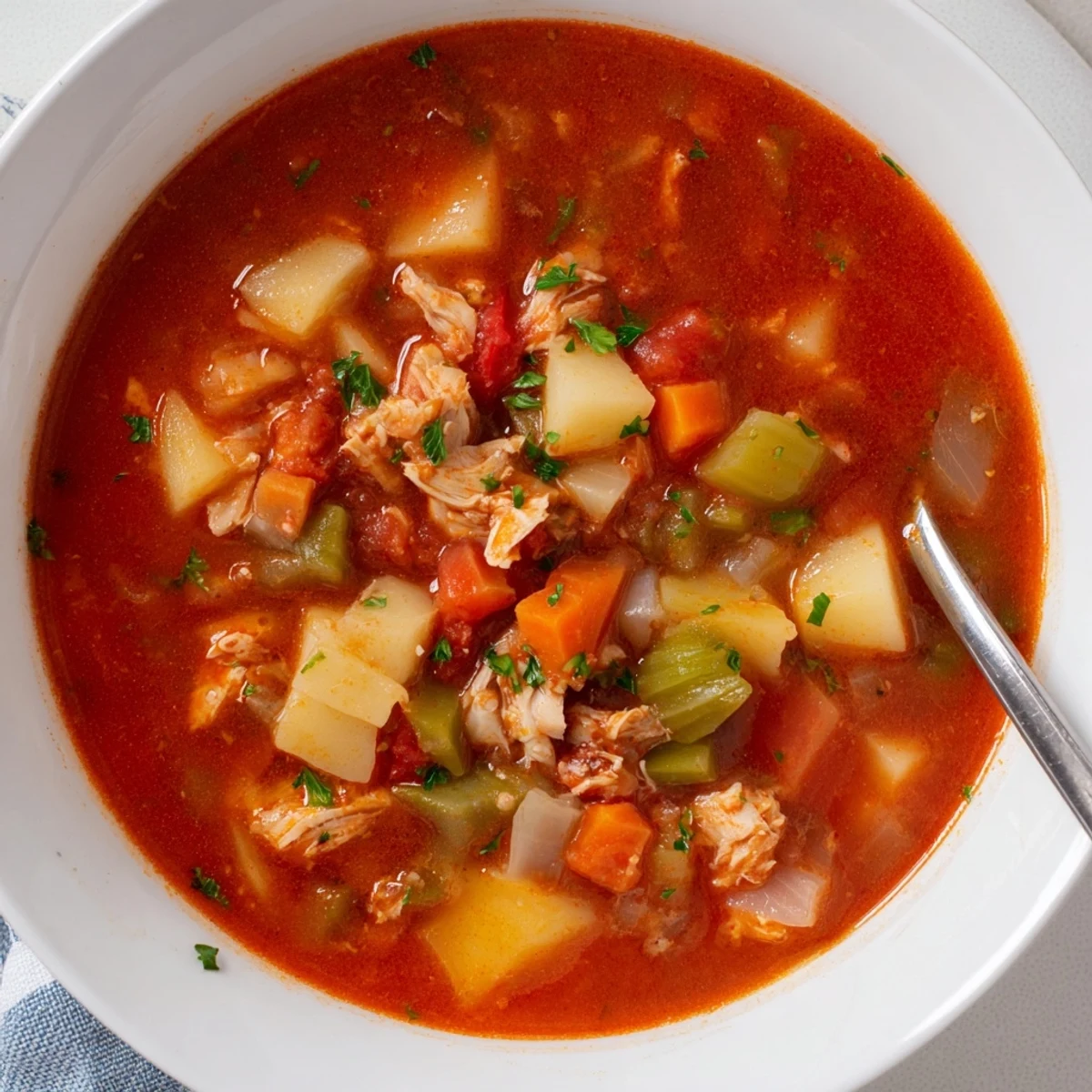 Steaming Manhattan Clam Chowder with tender clams, potatoes, and diced tomatoes in a rustic pot.  