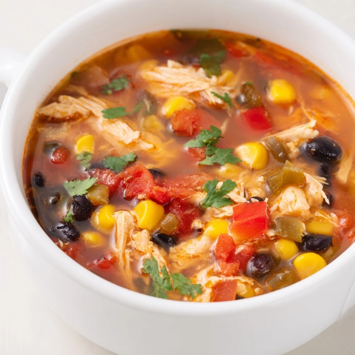 Close-up of Southwestern Turkey Soup topped with creamy avocado slices and cilantro, served alongside warm cornbread on a wooden table.