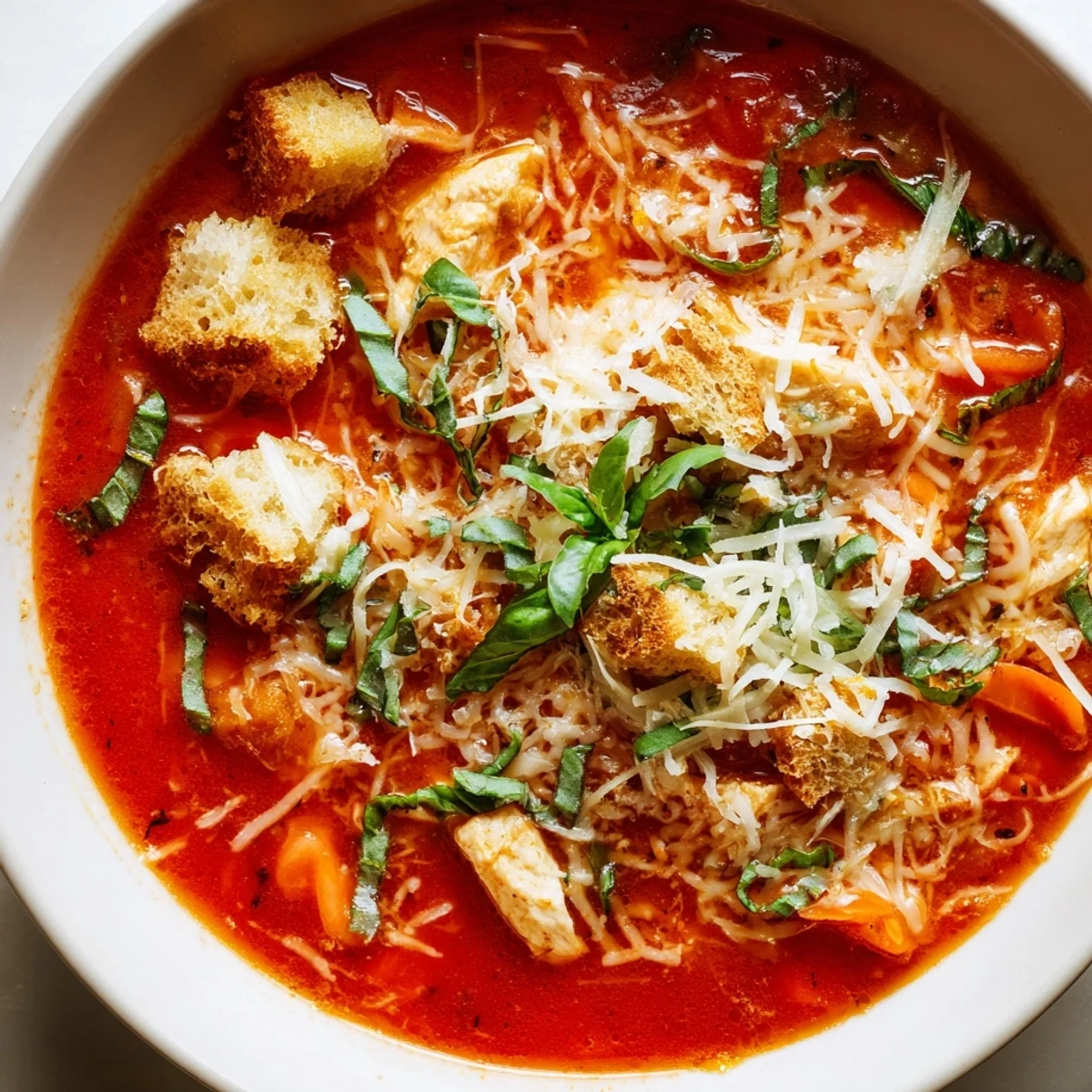 Hearty bowl of Grilled Chicken Parmesan Soup topped with fresh basil and melted Parmesan, ready to serve