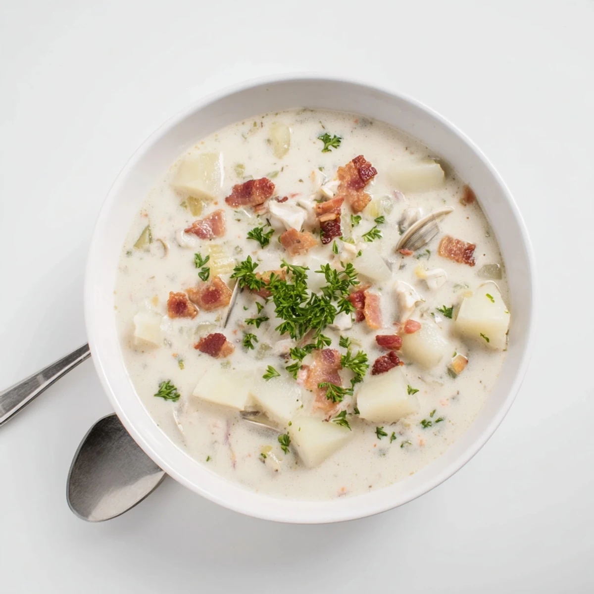 Thick, hearty New England Clam Chowder with visible clams and potatoes, ready to be enjoyed with crusty bread on the side.