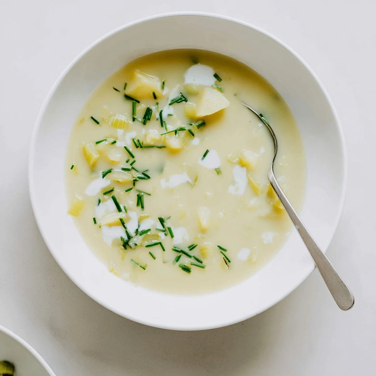 Kremowa zupa ziemniaczana z porami w misce, z kawałkami świeżej pietruszki, idealna jako rozgrzewający obiad.