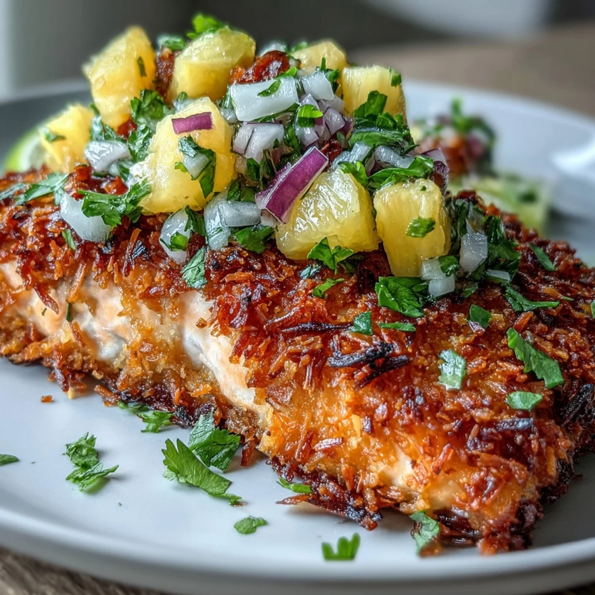 Kolorowe danie główne z łososiem w kokosowej panierce i świeżymi dodatkami, idealne na letni obiad.