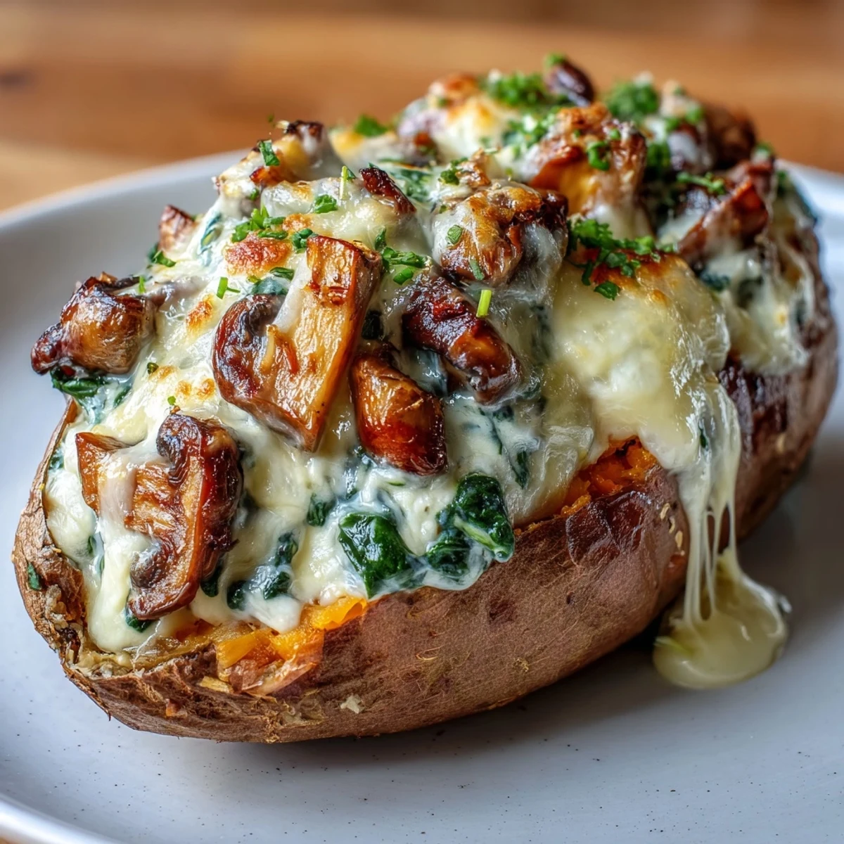 Roasted sweet potatoes stuffed with creamy spinach and mushroom mixture, ready to serve for a healthy meal.
