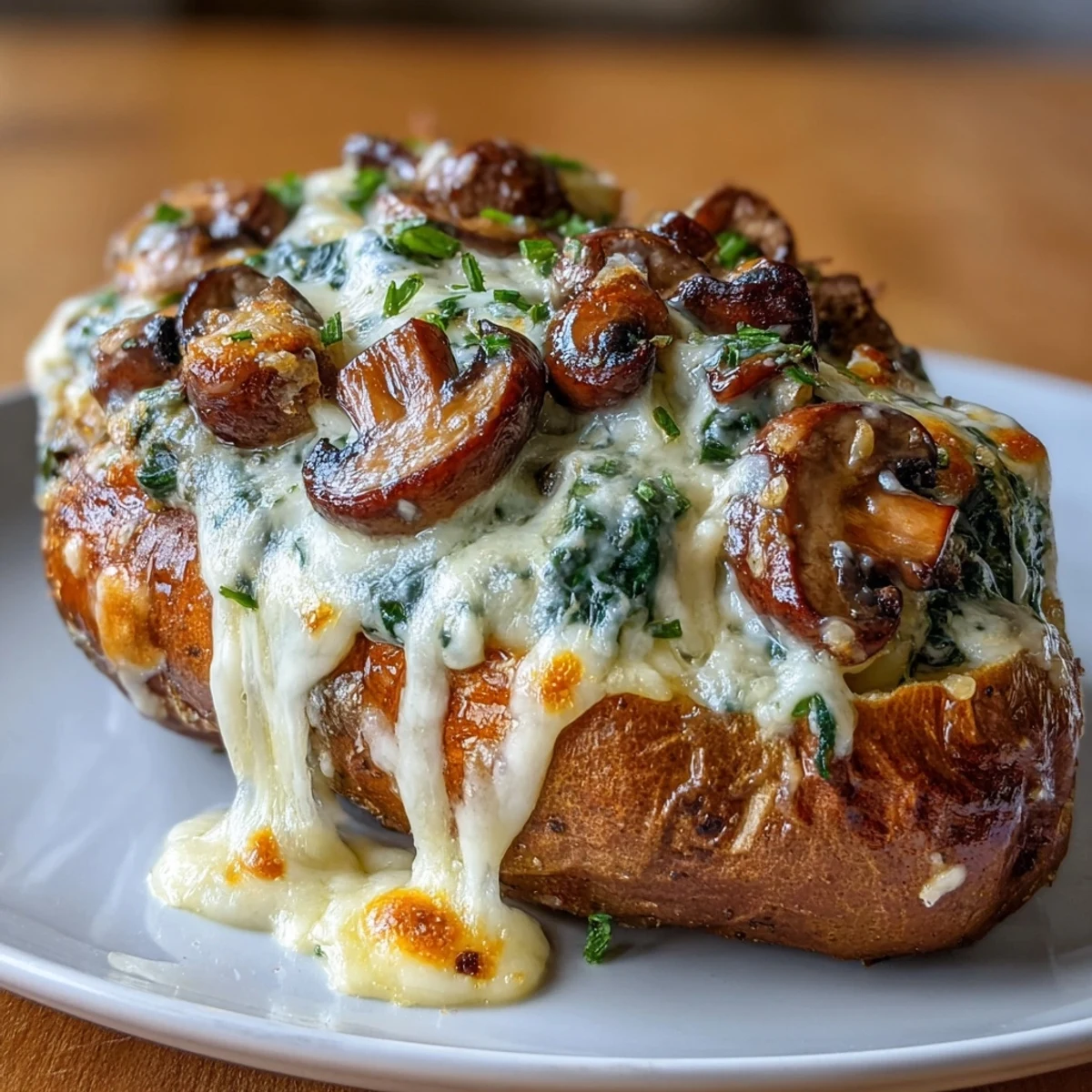 Savory mushroom and spinach filling inside roasted sweet potatoes, served hot on a rustic wooden board.  