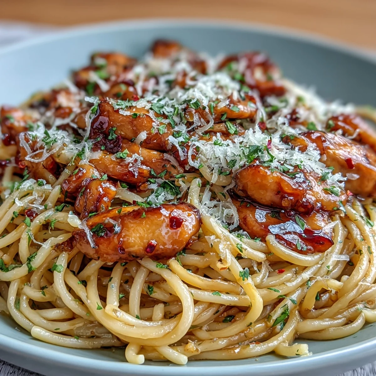 Składniki do makaronu z kurczakiem w sosie miodowo-czosnkowym gotowe na patelni, z dużą miską makaronu spaghetti.