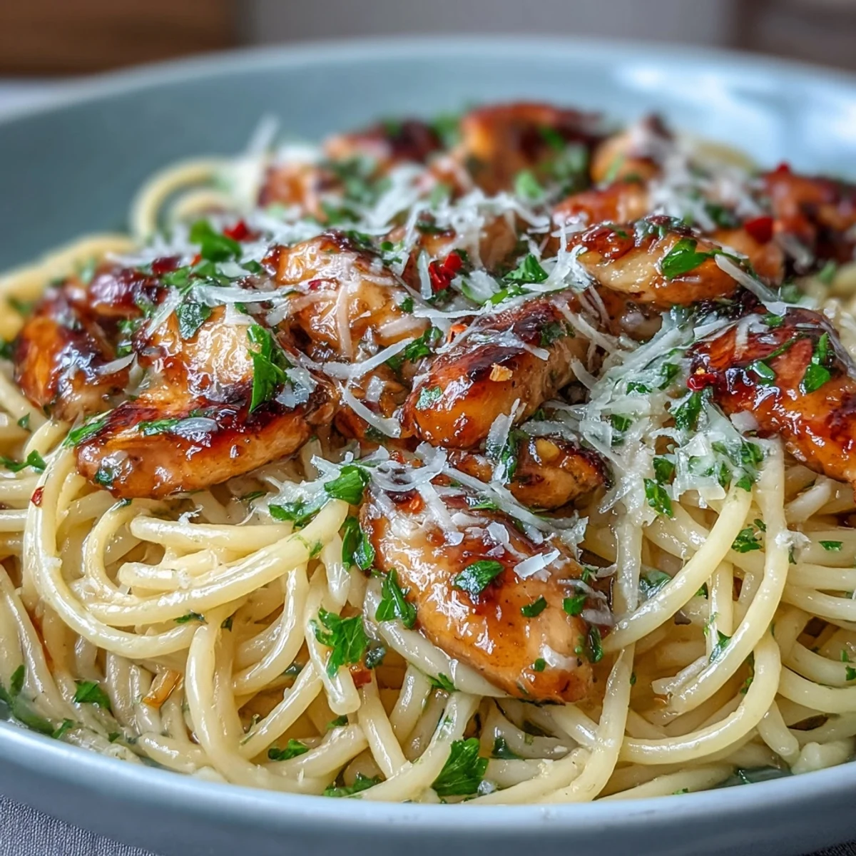 Gotowy makaron z kurczakiem w sosie miodowo-czosnkowym skąpany w lśniącym sosie, z białym winem na boku.