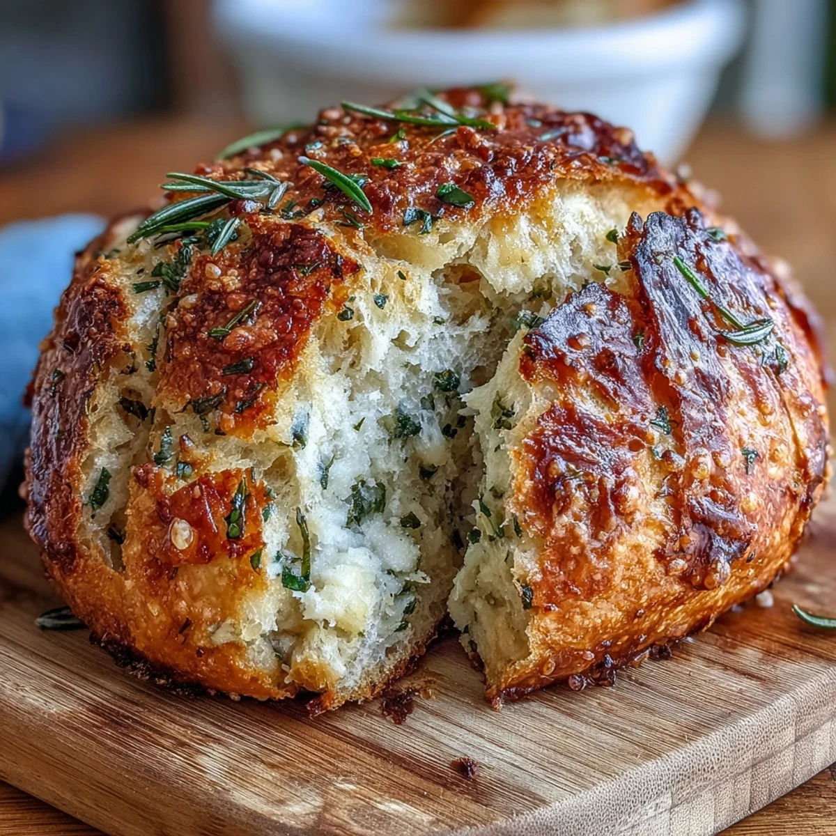 Rustic Perfect Parmesan Garlic Artisan Bread with golden crust, cheesy garlic crumb, and fresh rosemary garnish.