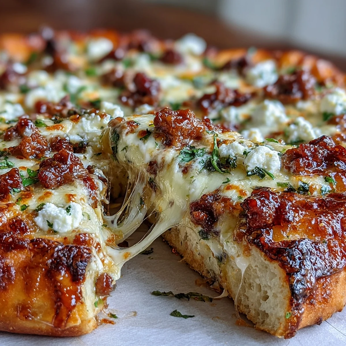 Golden slices of Hot Sausage Feta Honey Pizza on a rustic wooden board, showcasing melted mozzarella and crumbled feta cheese.