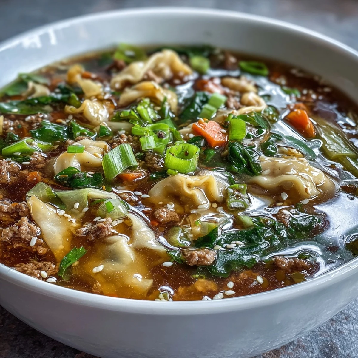A comforting bowl of Cozy One-Pot Egg Roll Soup with Green Onions and Ginger, featuring savory pork and tender vegetables in a rich broth.  