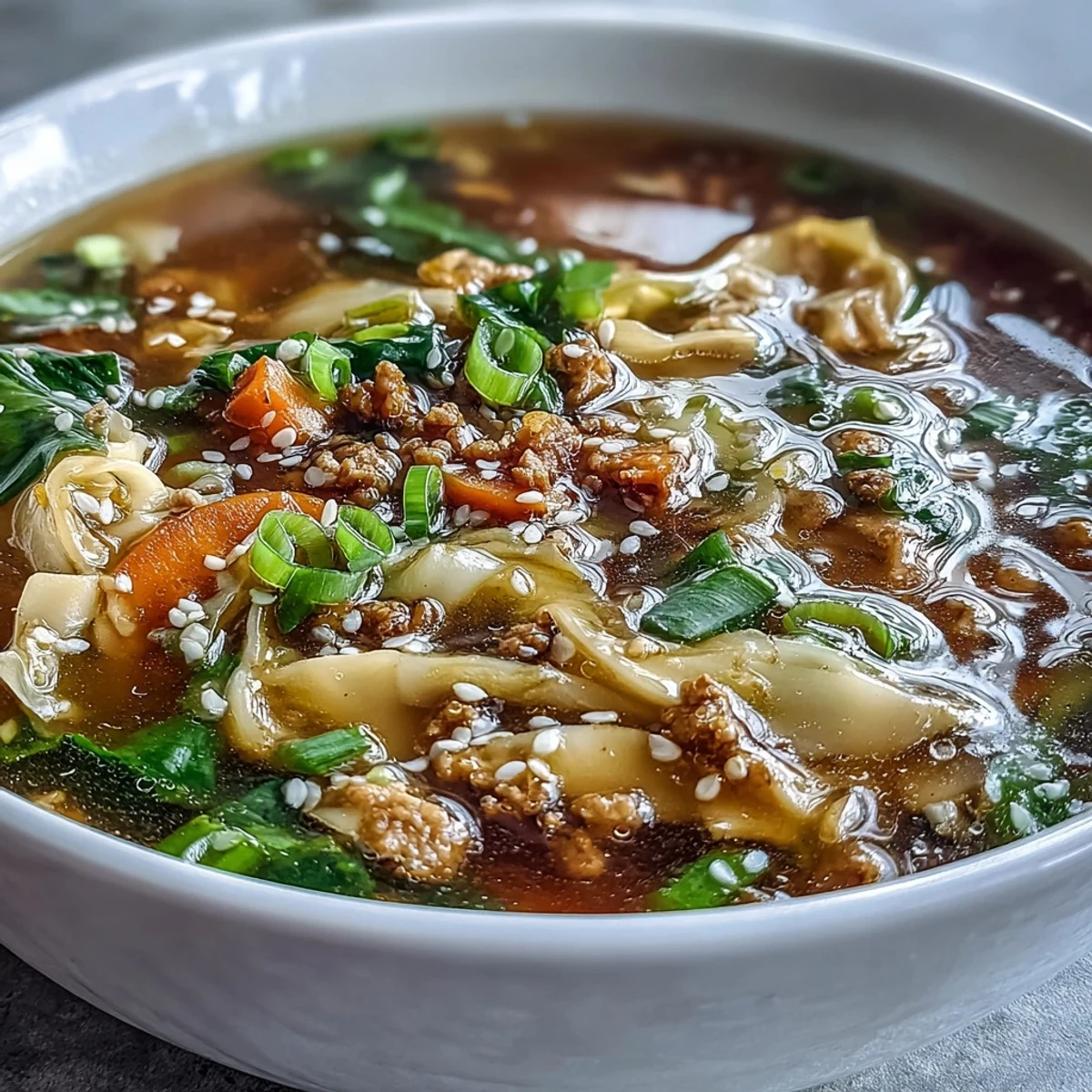 Hearty Cozy One-Pot Egg Roll Soup with Green Onions and Ginger, topped with vibrant green onions and a drizzle of sesame oil.