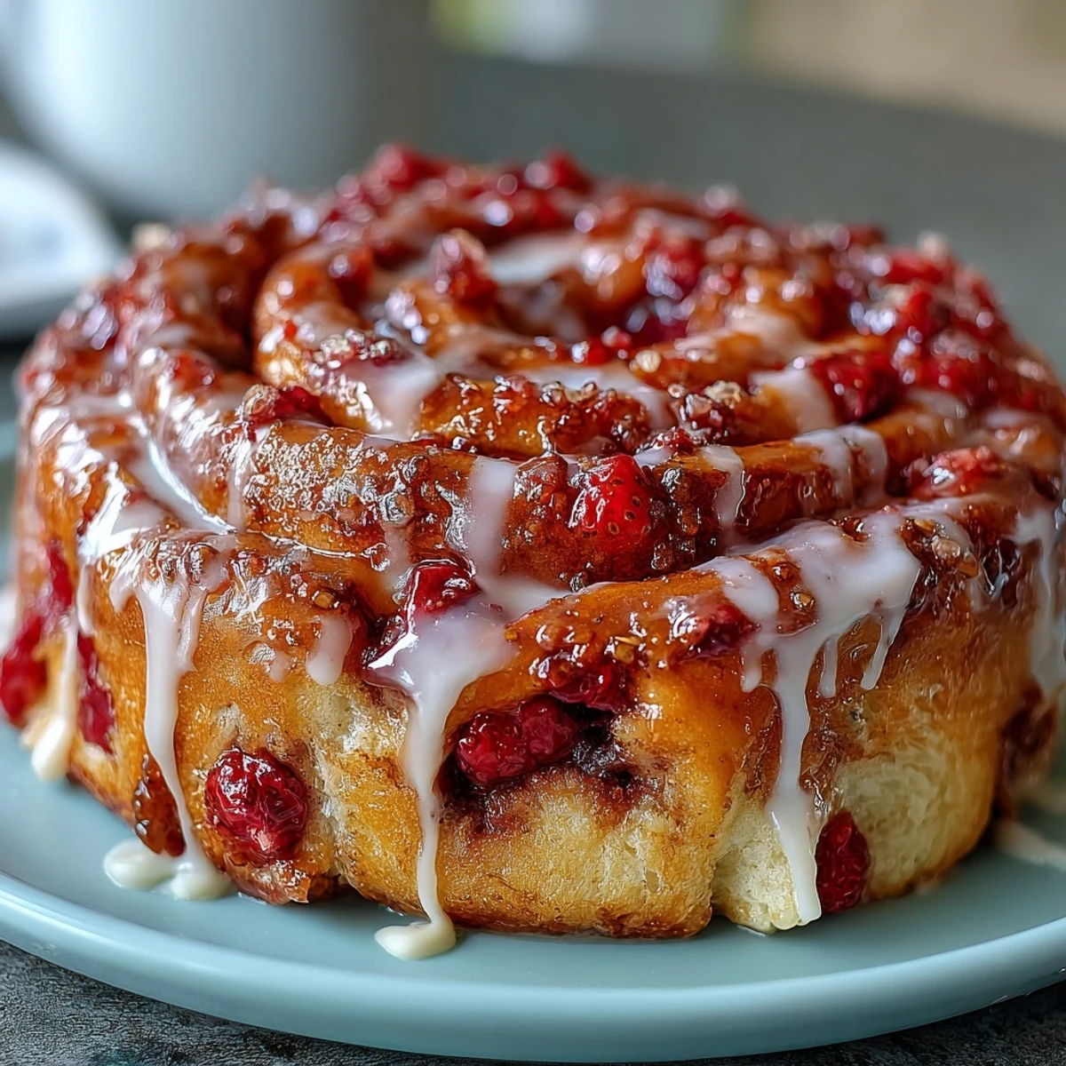 Złociste cynamonowe bułeczki truskawkowe wypełnione słodkim dżemem truskawkowym, skropione lukrem serowym na eleganckim talerzu.