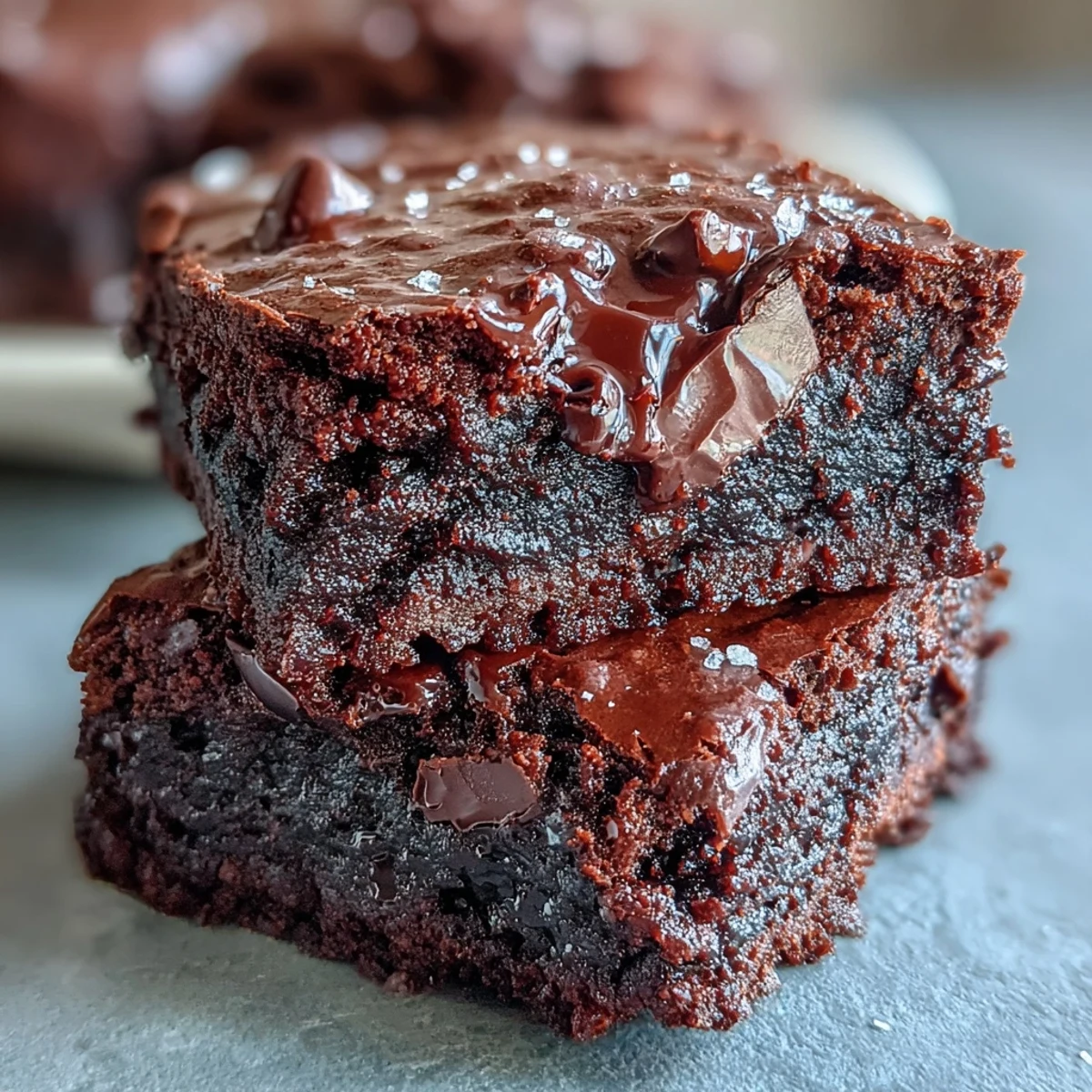 Idealne Greek Yogurt Brownies z gęstą, fudggy konsystencją, posypane odrobiną kakao i pokrojone na kwadraty.