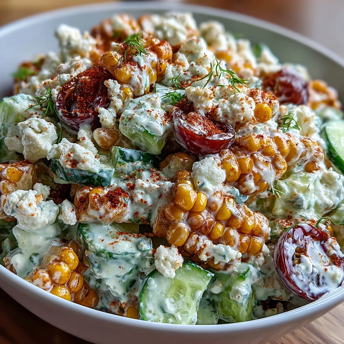 Juicy corn and crisp cucumbers mingle with crumbled feta in a creamy, chili-sprinkled Street Corn Creamy Cucumber Salad.