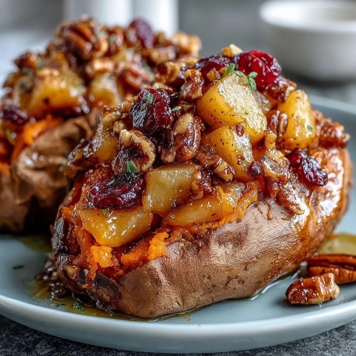 Roasted sweet potatoes filled with tart cranberries and caramelized apples, topped with toasted pecans for a festive side.