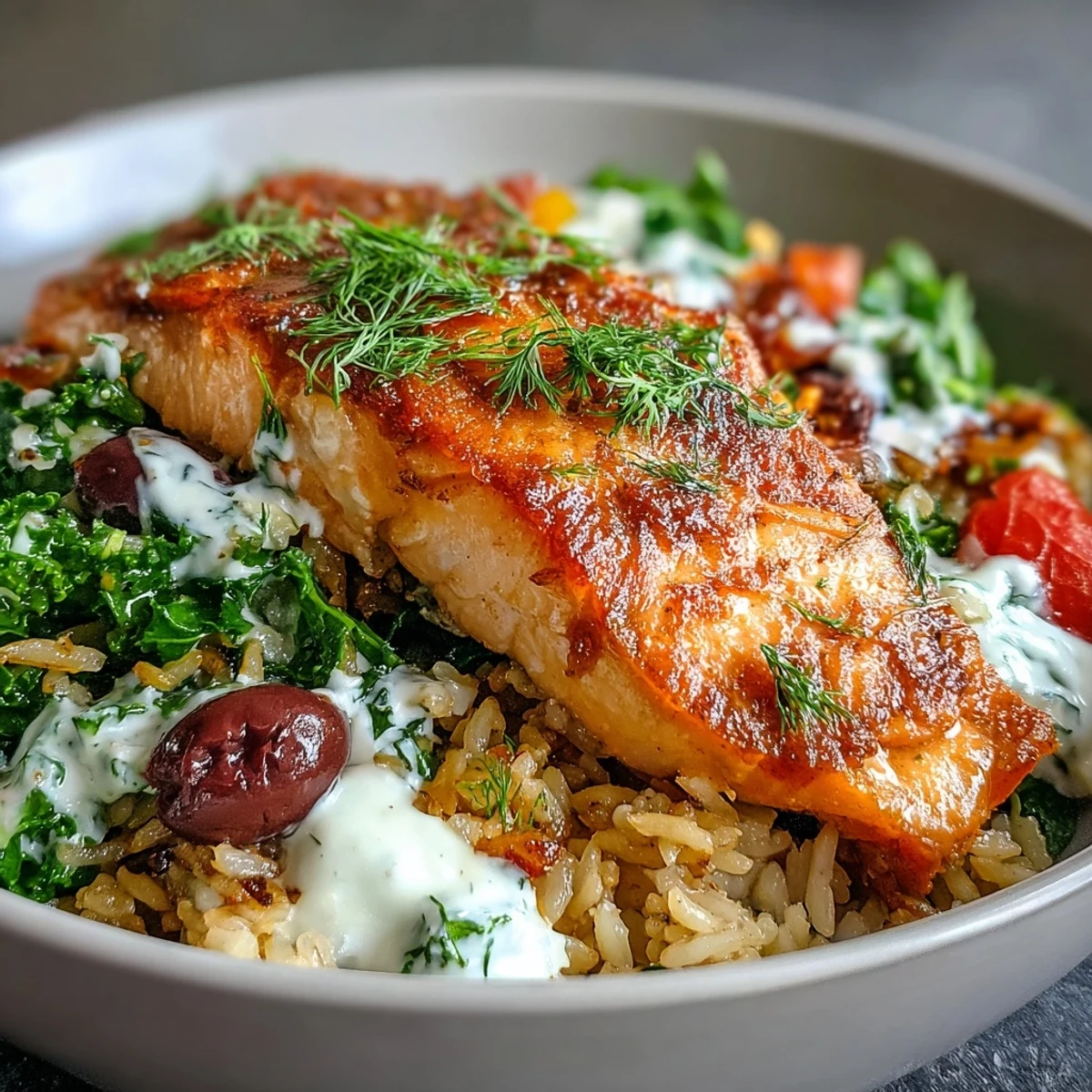 Apetyczna miska łososia na chrupiącym ryżu, z pysznym, orzeźwiającym sosem.