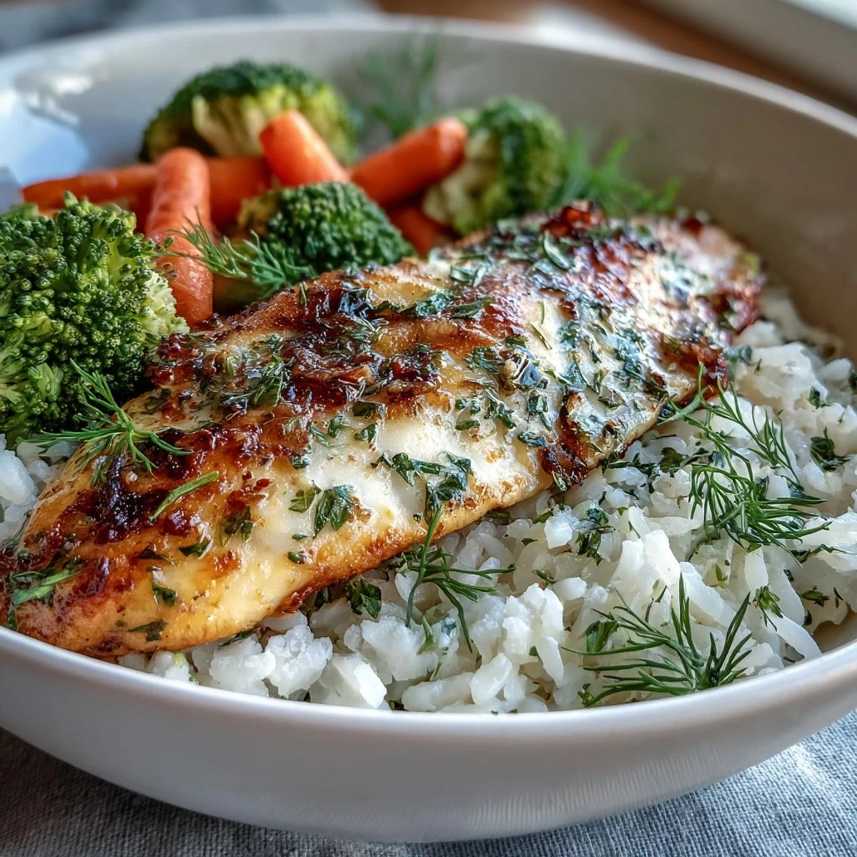 Pieczony dorsz na misce z ziołami i warzywami, parowane dla świeżości.