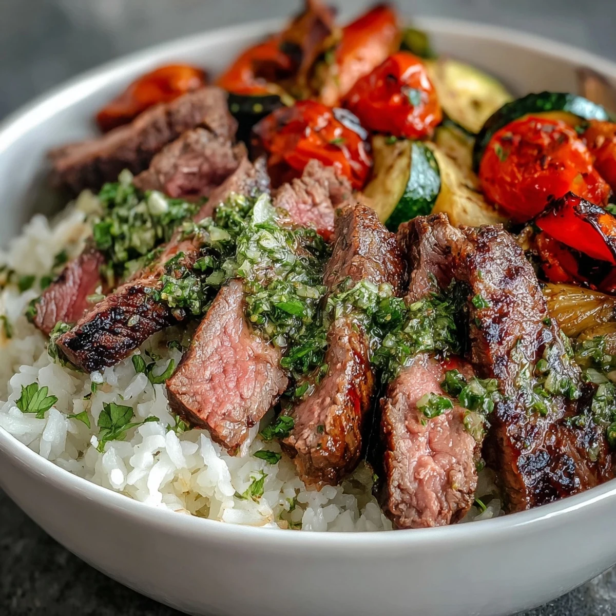 Lekko przypieczony kotlet na misce z ryżem i warzywami, polany chimichurri.