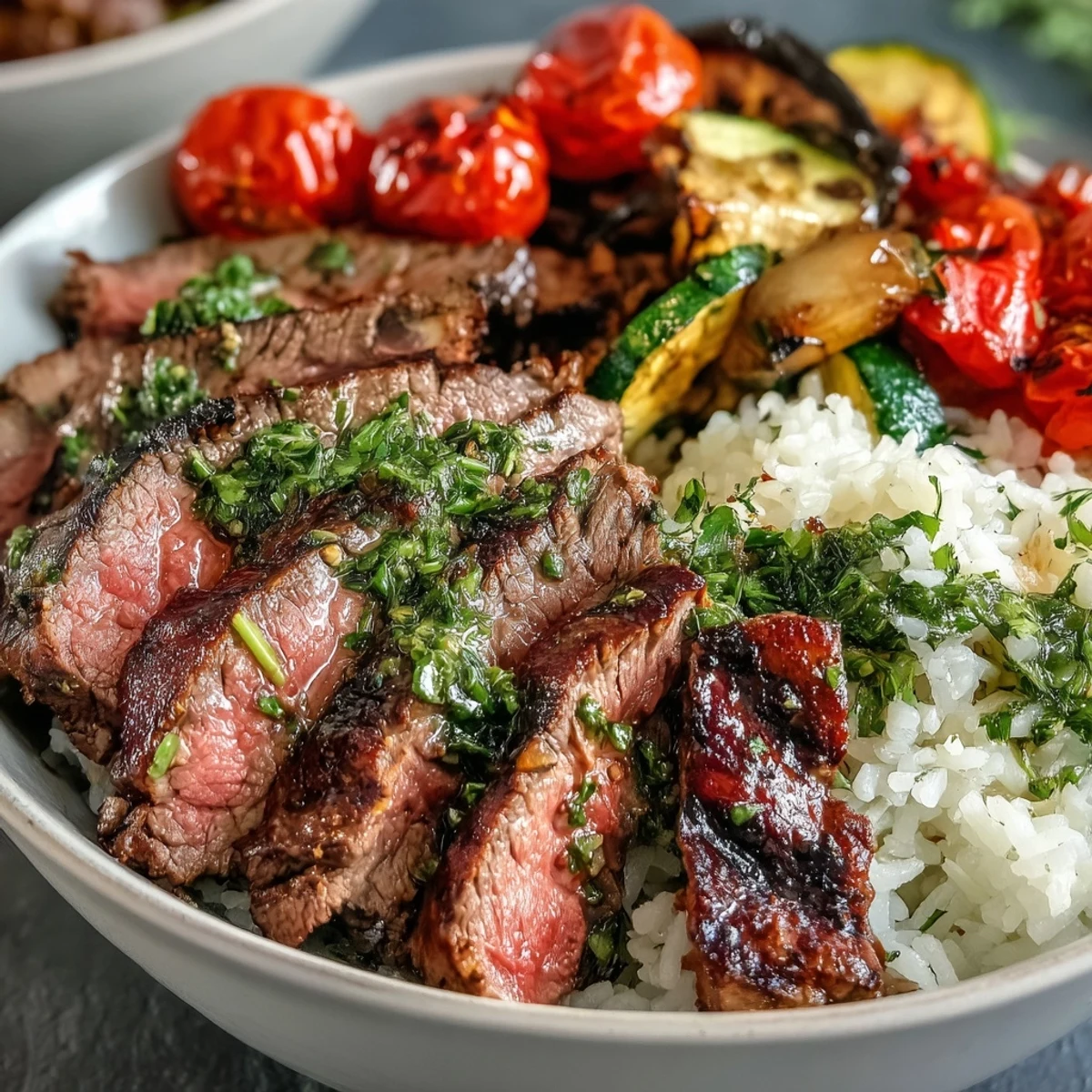 Miseczka grillowanego steka z pieczonymi warzywami i ryżem, gotowa do podania.