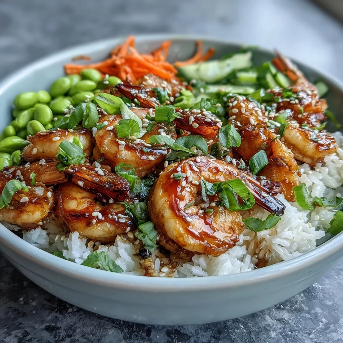 Asian Shrimp Bowl pięknie udekorowany świeżymi warzywami i sycącym ryżem.
