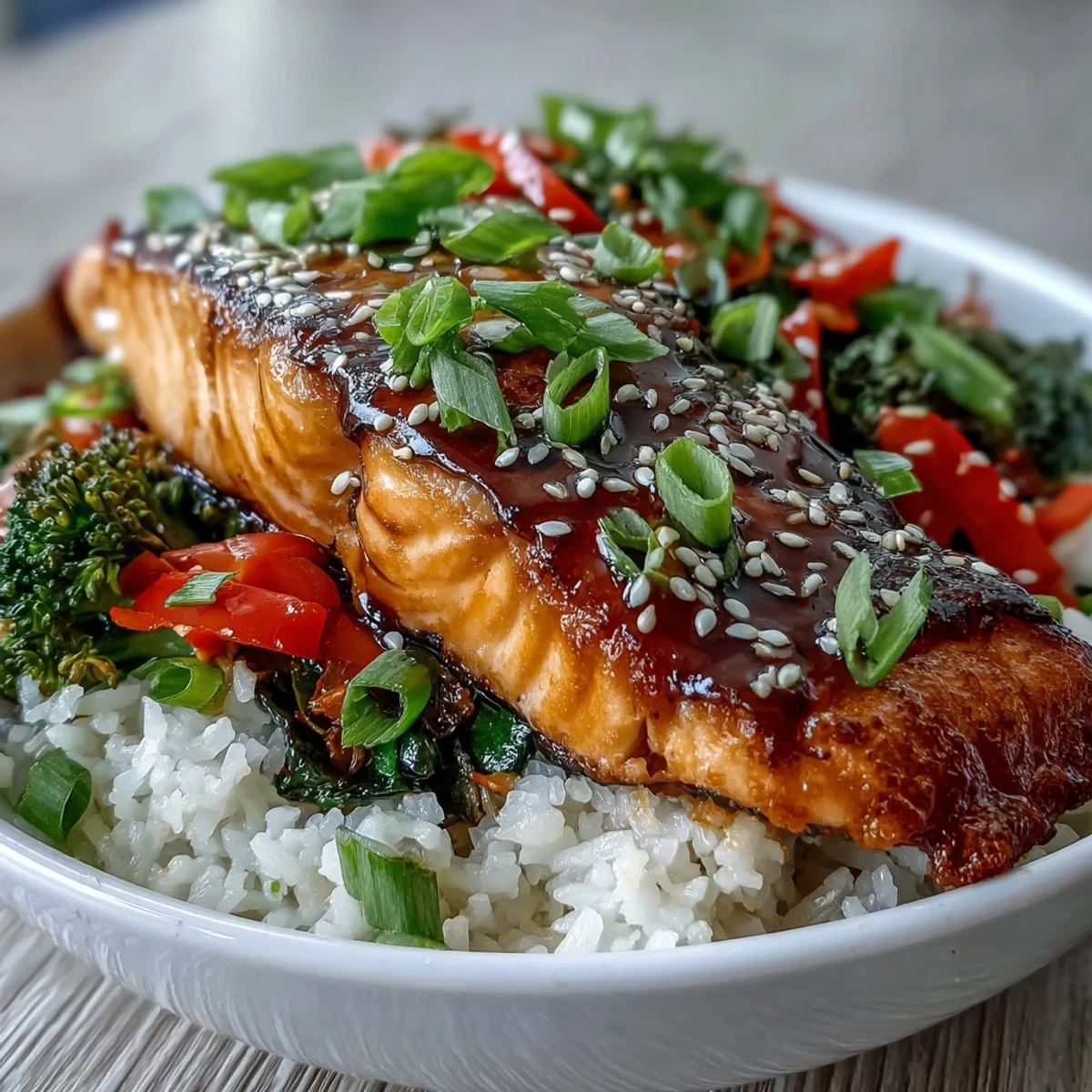 Tender, glazed teriyaki salmon served over rice and colorful, fresh stir-fry.