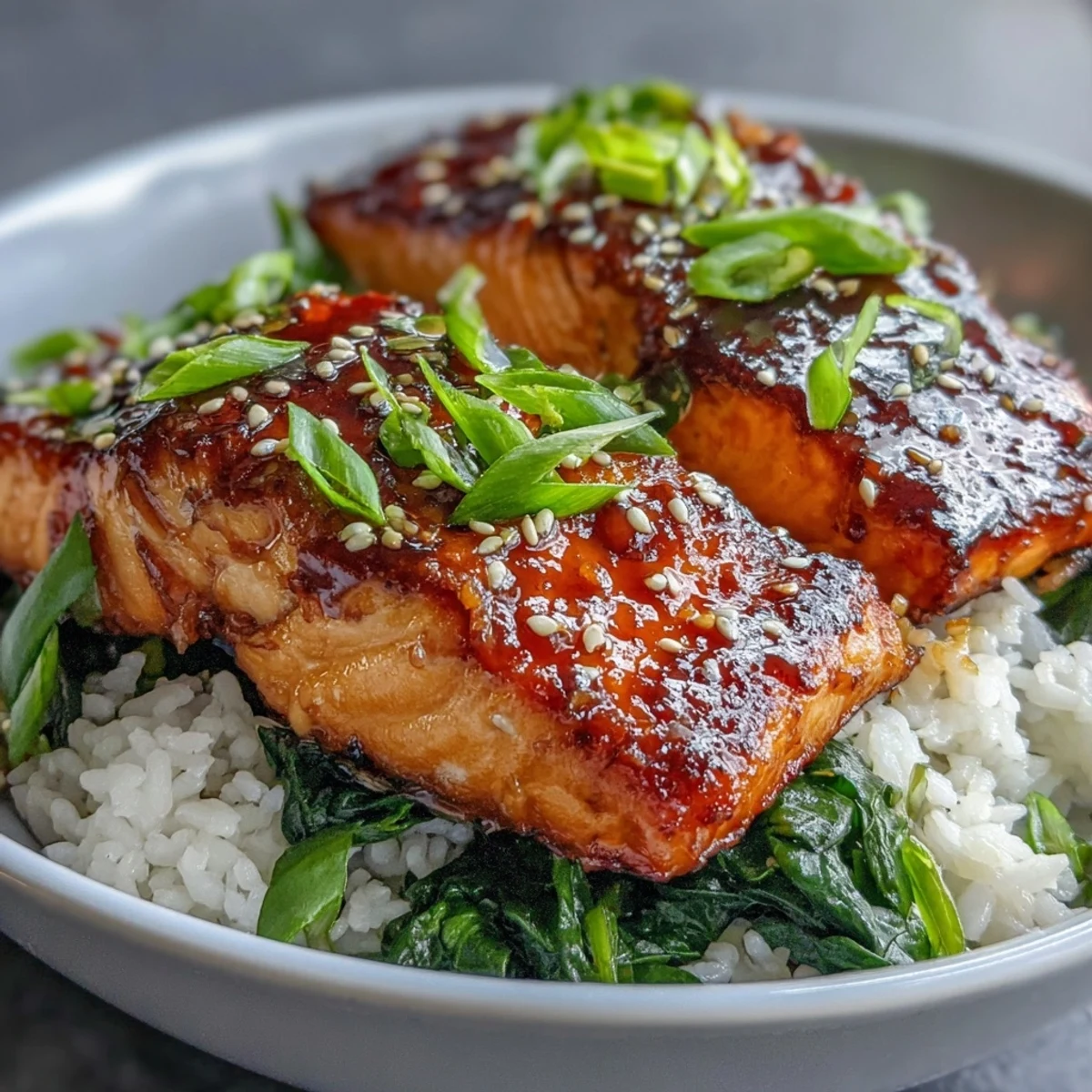 Miso Glazed Salmon Bowl with vibrant spinach and fluffy jasmine rice.