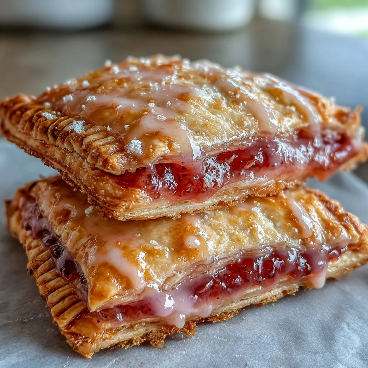Freshly baked Guava Cheese Pop Tarts on a wooden board, with a glass of milk and extra jam for dipping.
