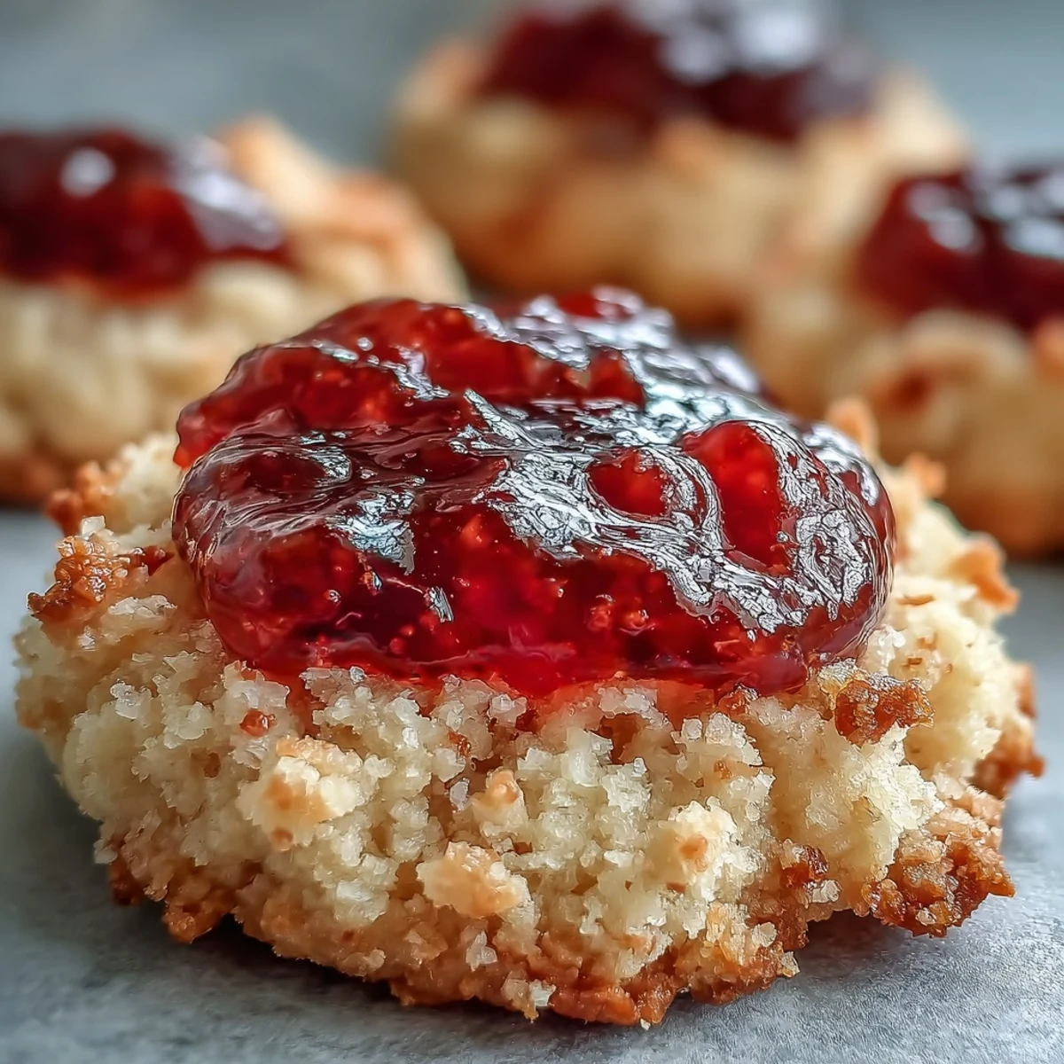 Freshly baked guava jam thumbprint cookies with golden edges, perfect for an American-style sweet snack.