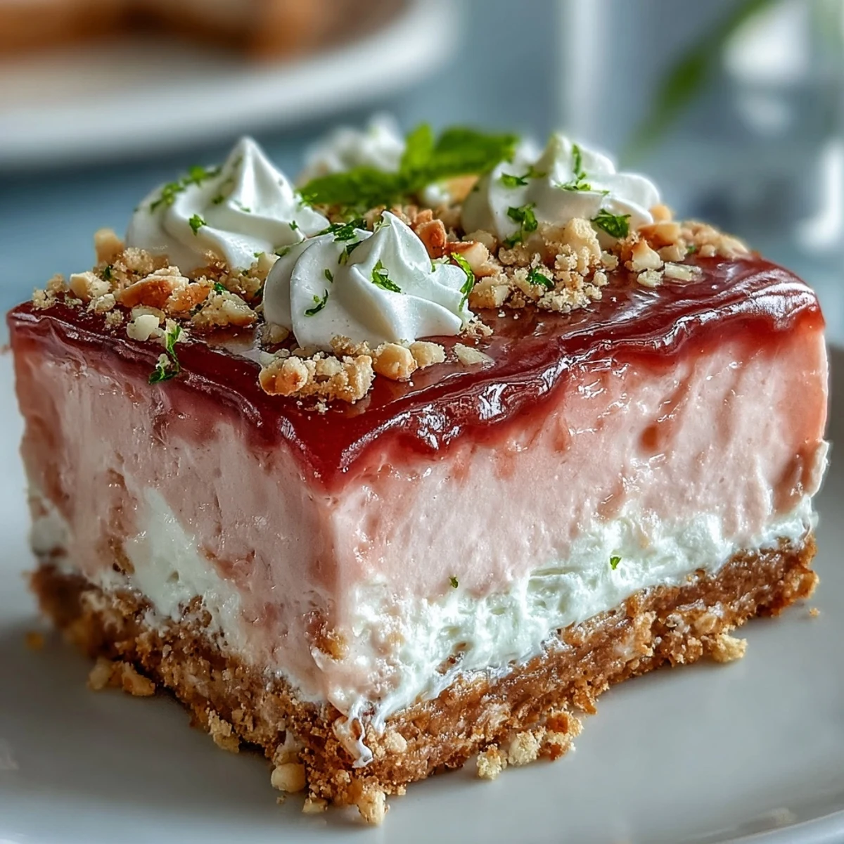 A chilled slice of Guava Cloud Pie showcases creamy pink filling, a golden macadamia nut crust, and fluffy whipped cream topping, served on a summer table.