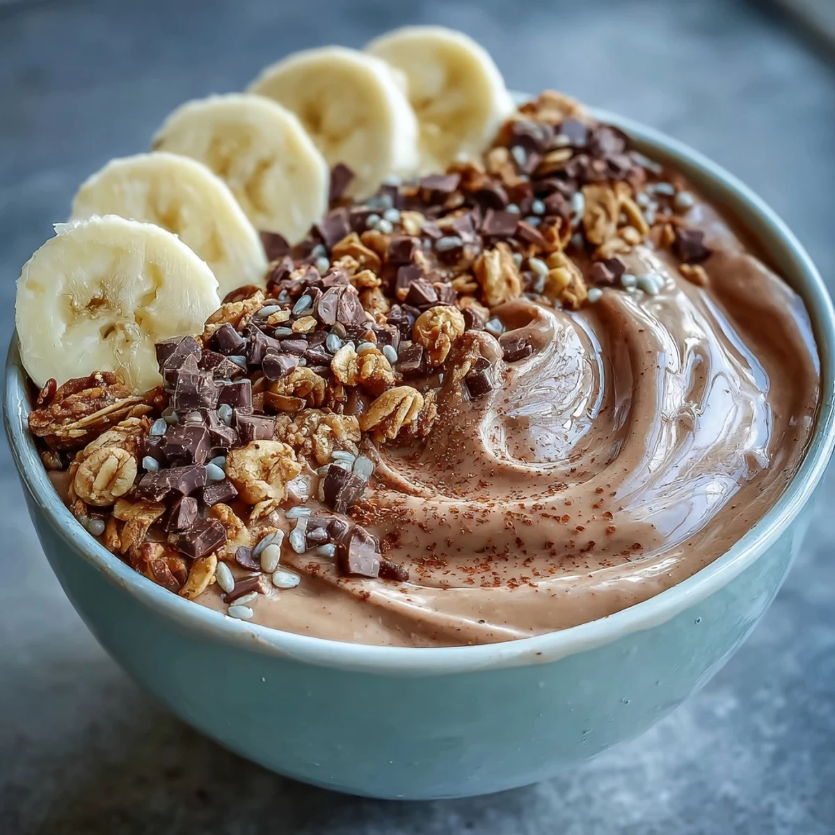 Thick and creamy Chunky Monkey Smoothie Bowls in a breakfast bowl, topped with sliced bananas and crunchy granola.