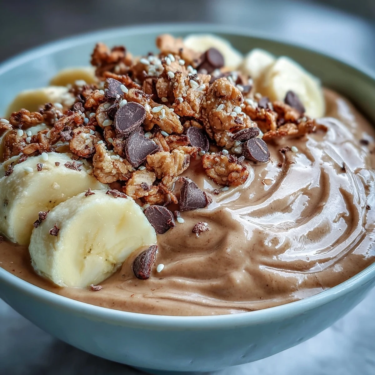Vibrant Chunky Monkey Smoothie Bowls in two rustic bowls with banana slices, granola, and chocolate chips for a satisfying snack.