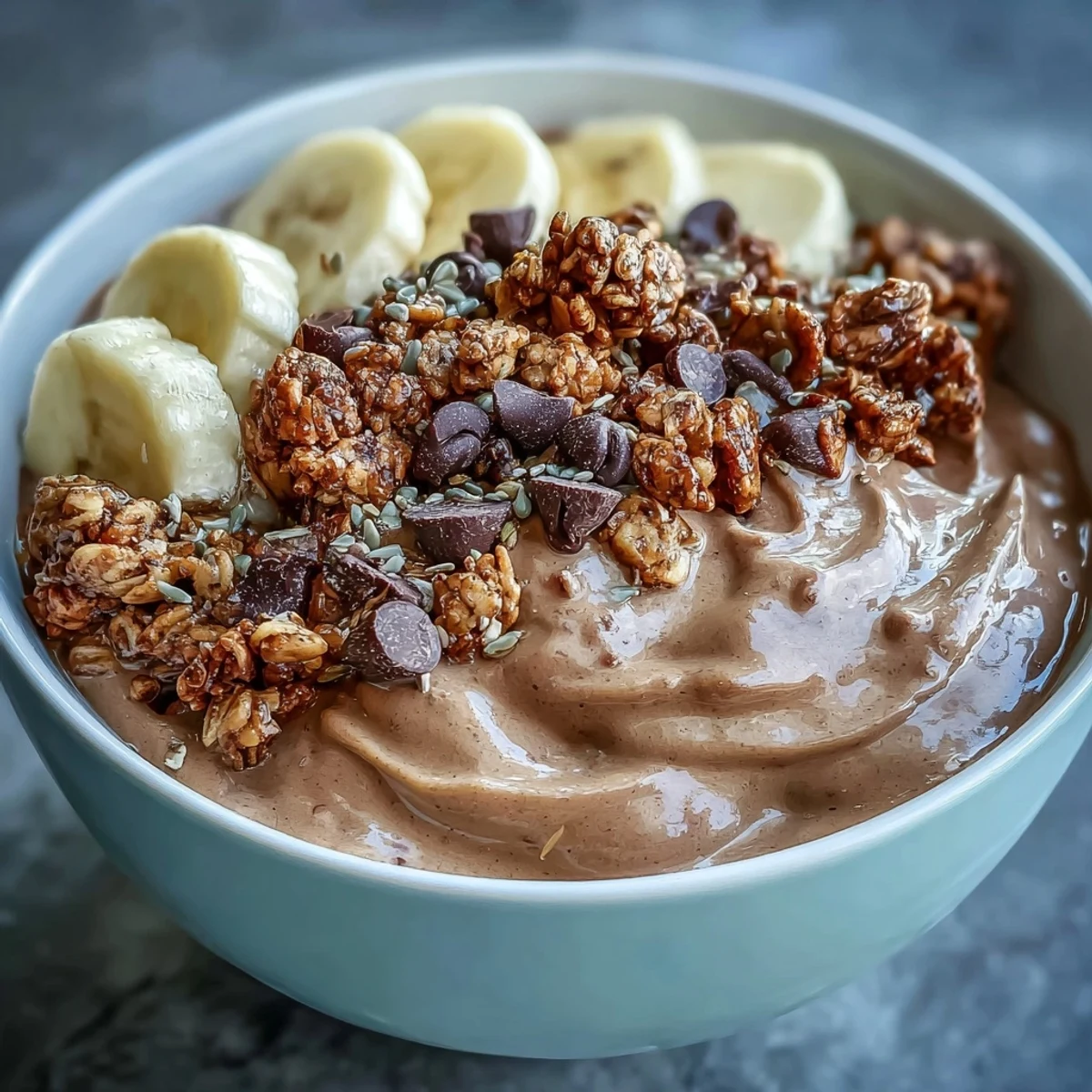 Indulgent chocolate Chunky Monkey Smoothie Bowls topped with banana slices, granola, cacao nibs, and hemp seeds for a healthy treat.