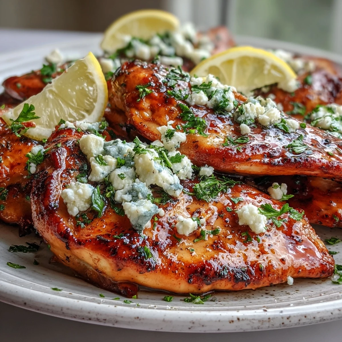 Golden-brown Greek Chicken with Lemon and Feta on a skillet garnished with fresh parsley and lemon wedges.