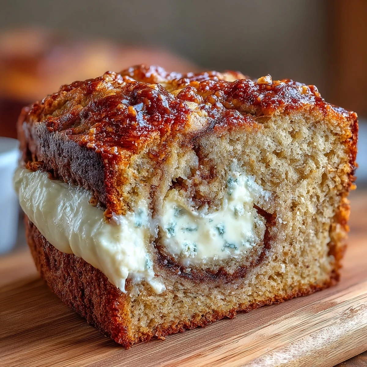 Cream Cheese Cinnamon Swirl Banana Bread loaf cooling on a wire rack, golden brown top with visible cinnamon sugar crust.