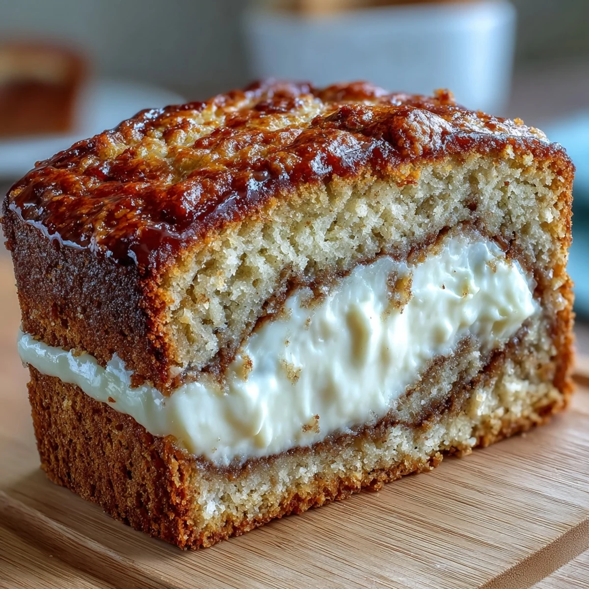 Slices of Cream Cheese Cinnamon Swirl Banana Bread on a plate, showing moist crumb and rich cream cheese filling layers.