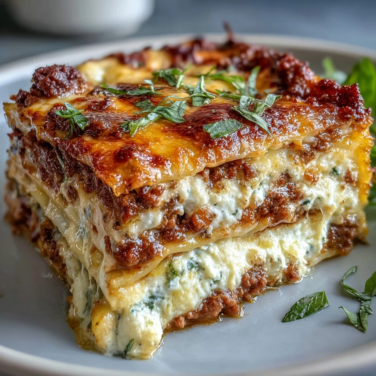 Layers of World's Best Lasagna with meat sauce, ricotta, and gooey cheese, served in a baking dish.