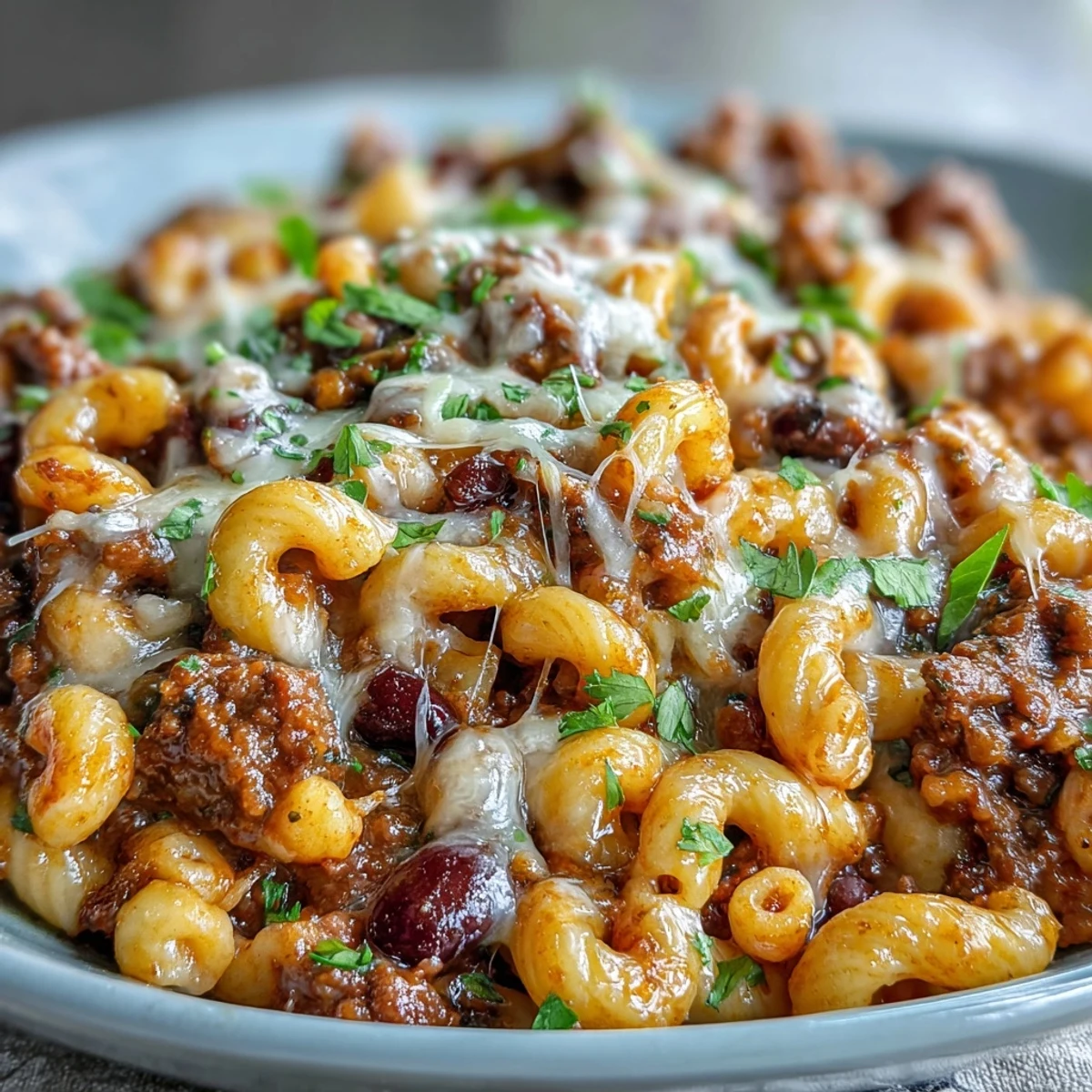 One-Pan High Protein Chili Mac simmering in a Dutch oven, with melty cheddar and smoky spices.