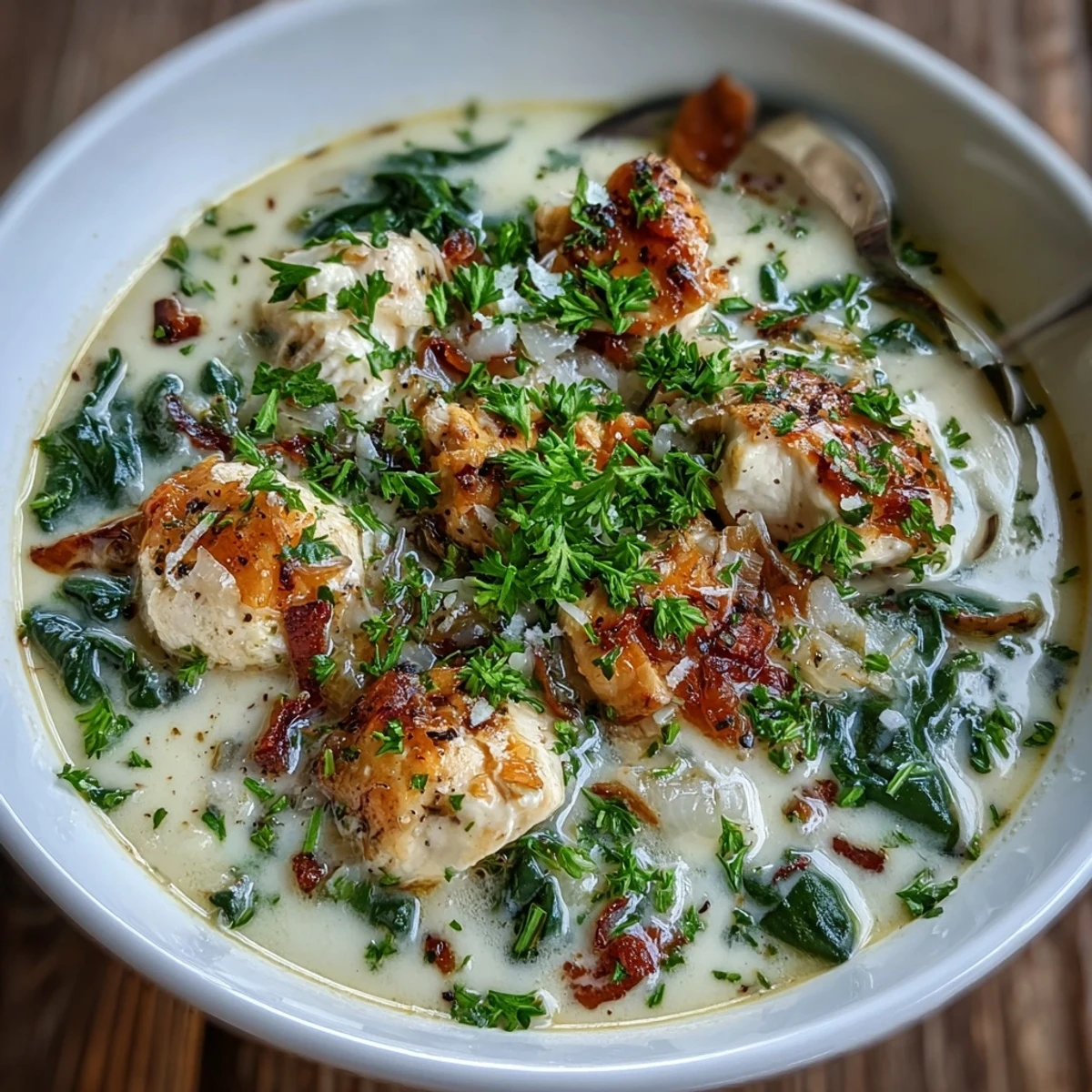 Serving suggestion of Garlic Parmesan Chicken Soup in a white bowl, paired with crusty bread.