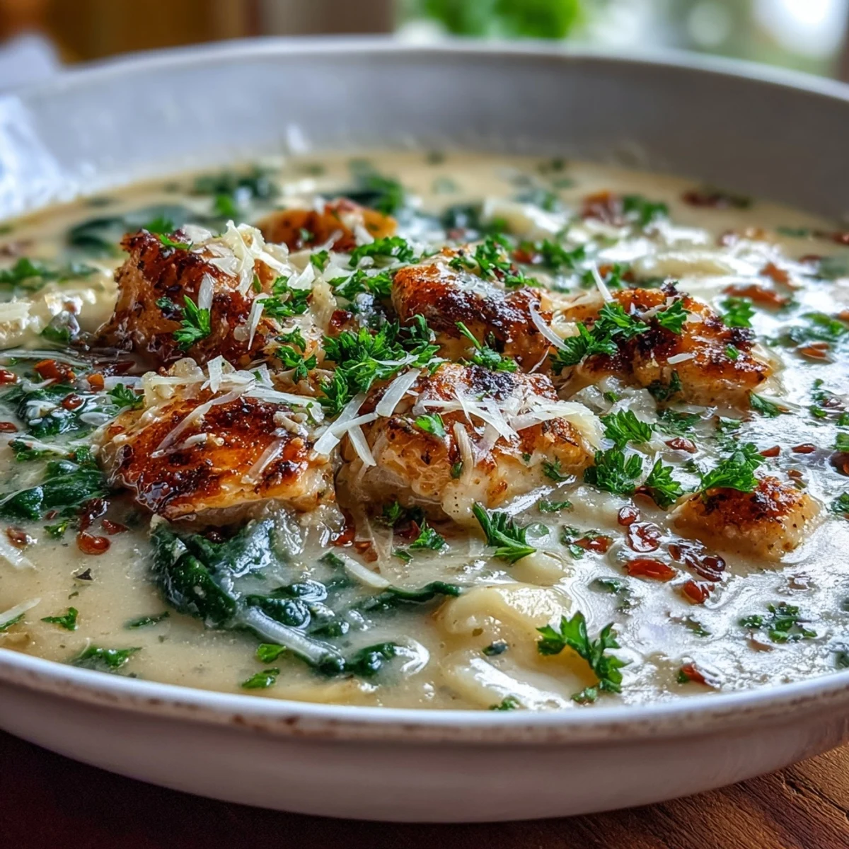 Steaming Garlic Parmesan Chicken Soup simmering in a pot with fresh spinach and herbs nearby.