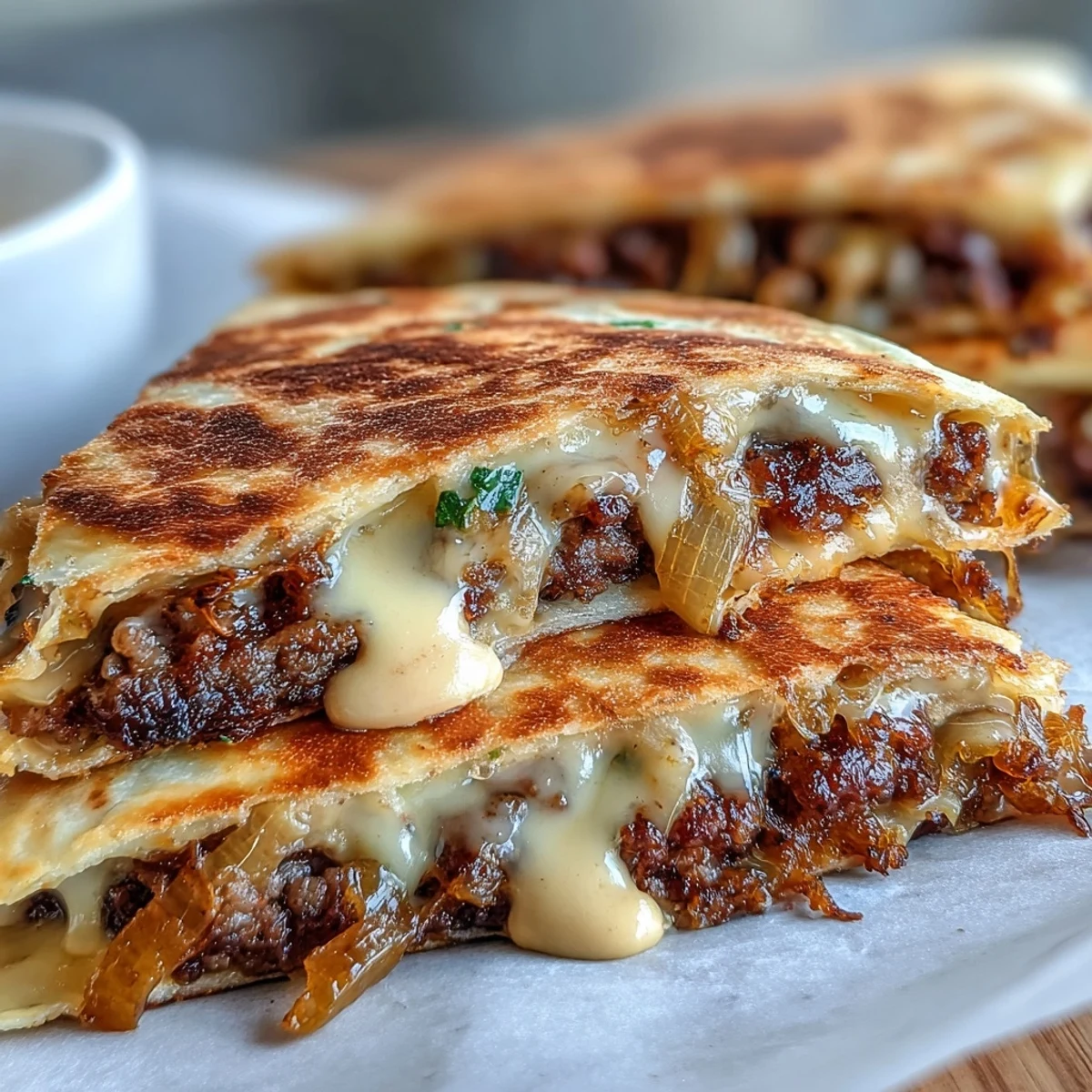 Golden Cheesy Griddled Smashburger Quesadillas sliced into wedges, served with a creamy dipping sauce.