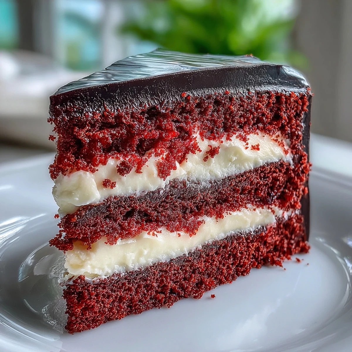 Tall red velvet Betty Boop Cake slice beside white fondant eyes and a bold red lip accent.