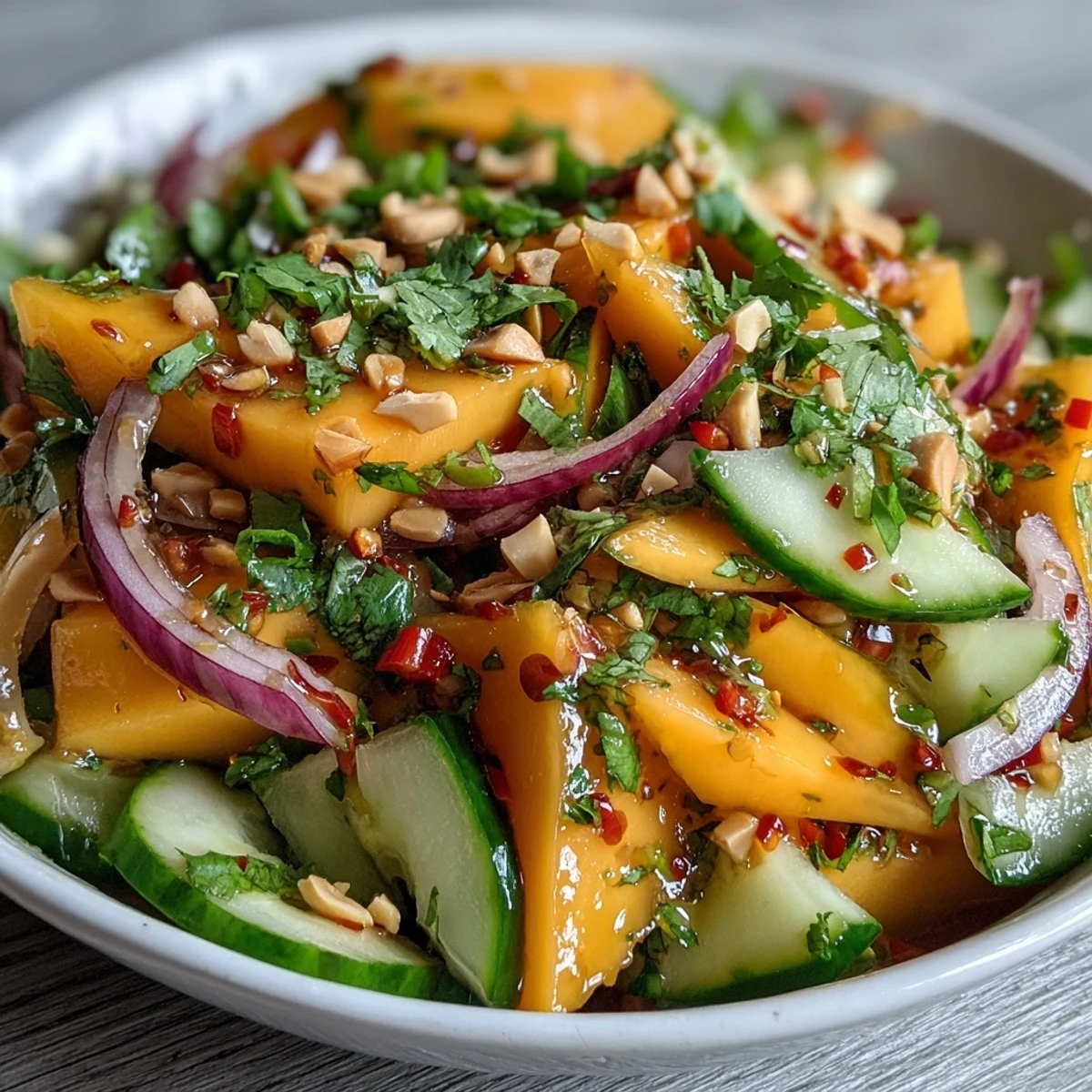 Juicy mango, crisp bell pepper, and cooling cucumber mingle in a tangy lime dressing, finished with cilantro for a bright weeknight lunch.